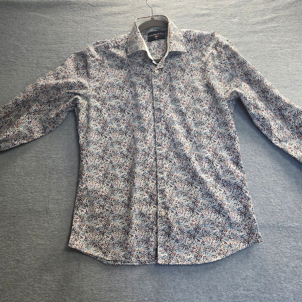 Masutto Mens Geometric Mosaic Print 100% Cotton‎ Button Down Shirt White Multi M